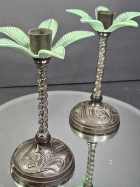Vintage Palm Tree Brass Metal Candlestick Holders Pair, Made in India, 7" Tall